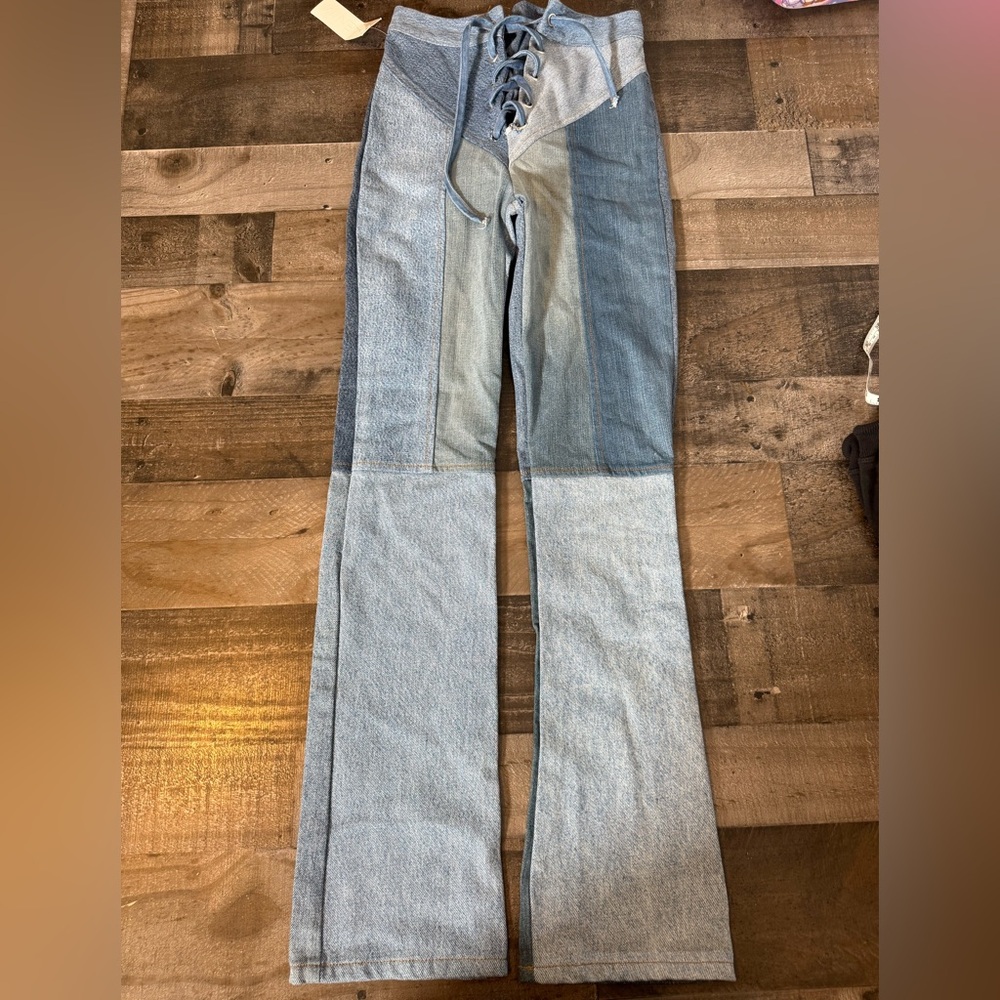 EB Denim Patchwork Lace Up Jeans XS Y2K Flare Wide Leg Colorblock‎ NWT Statement